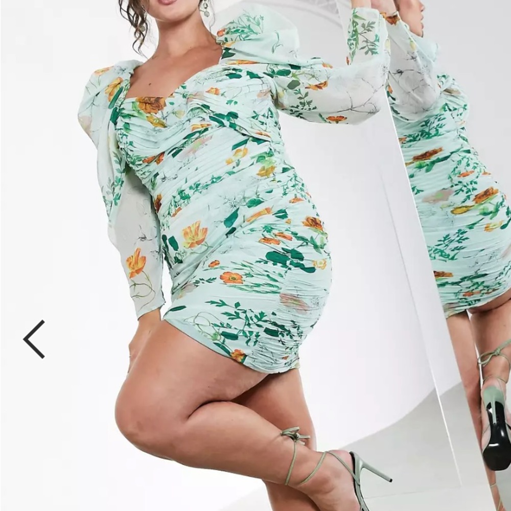 ASOS EDITION Curve ruched mini dress with puff sleeves in green floral print
